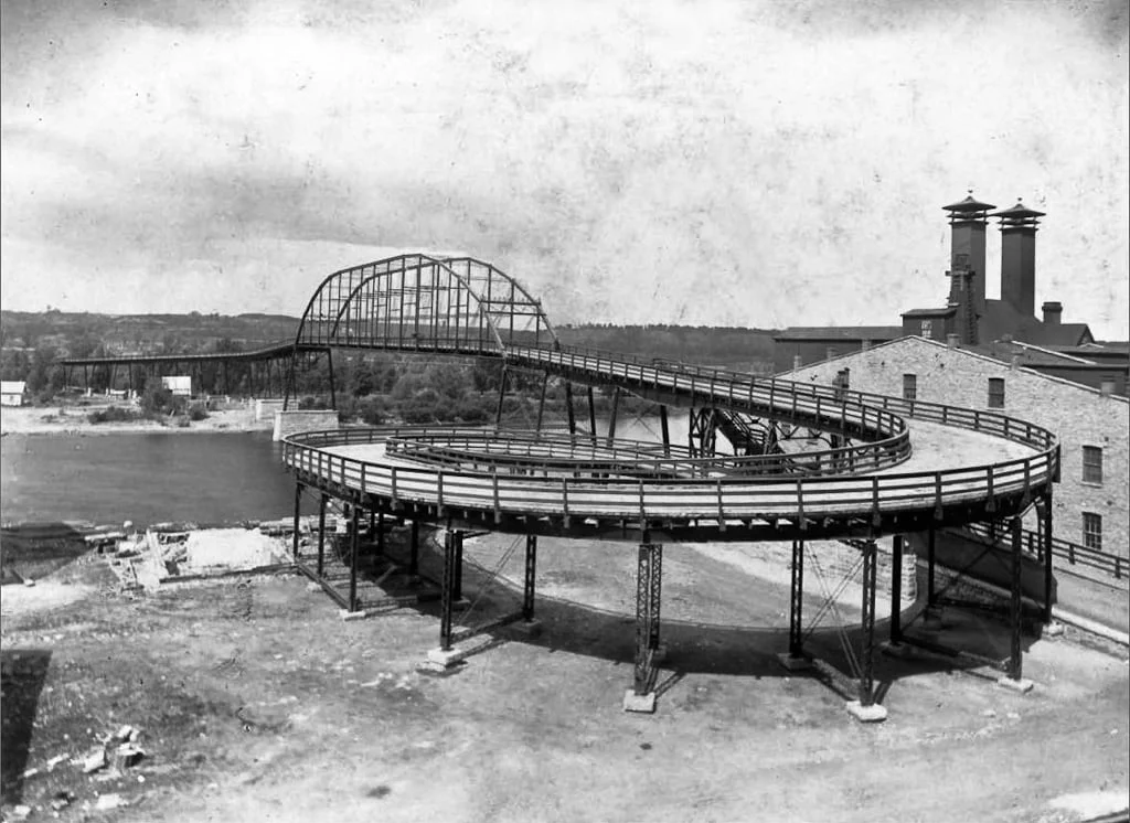 Curved elevated roadway leading onto the old Mississippi River bridge at Hastings
