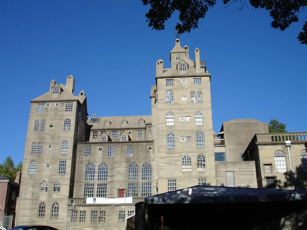 Towers and irregular rooflines of the concrete Mercer Museum in Doylestown
