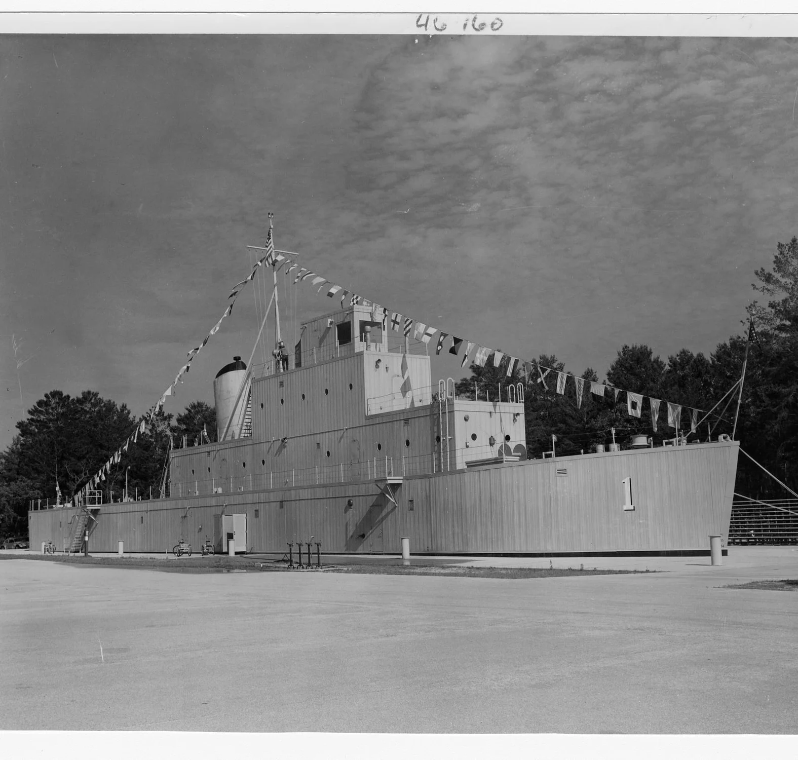 USS Recruit’s land-based training hull, bridge, and mast at the San Diego Naval Training Center